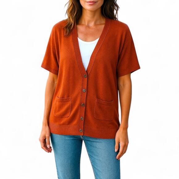 Eddie Bauer Women's Short Sleeve Linen Blend Cardigan Size 2X Burned Orange - Picture 1 of 10